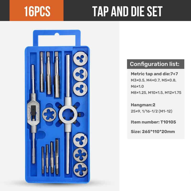 Hi-Spec 16PCS Multifunction HSS Tap and Die Set Metric Wrench Cut M3-M12 Tap and Die Set Metric Threading Tool Set Engineer Kit