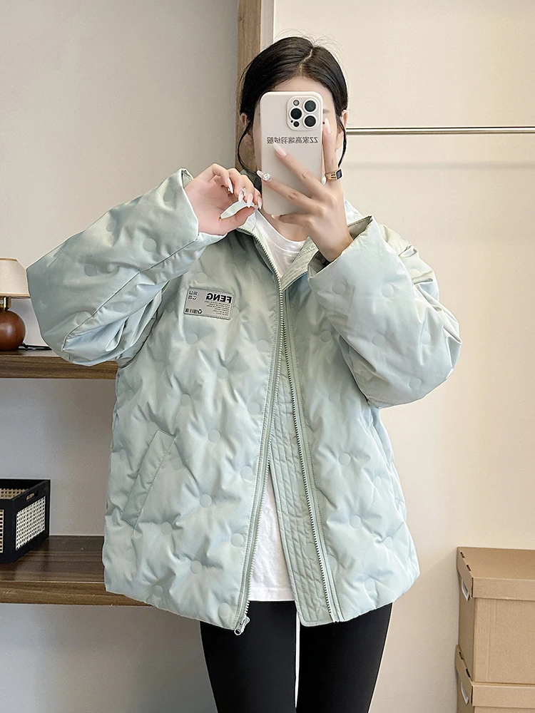 Down jacket short style 2024 new Korean version stand up collar thicken white duck down trendy brand embossed winter jacket