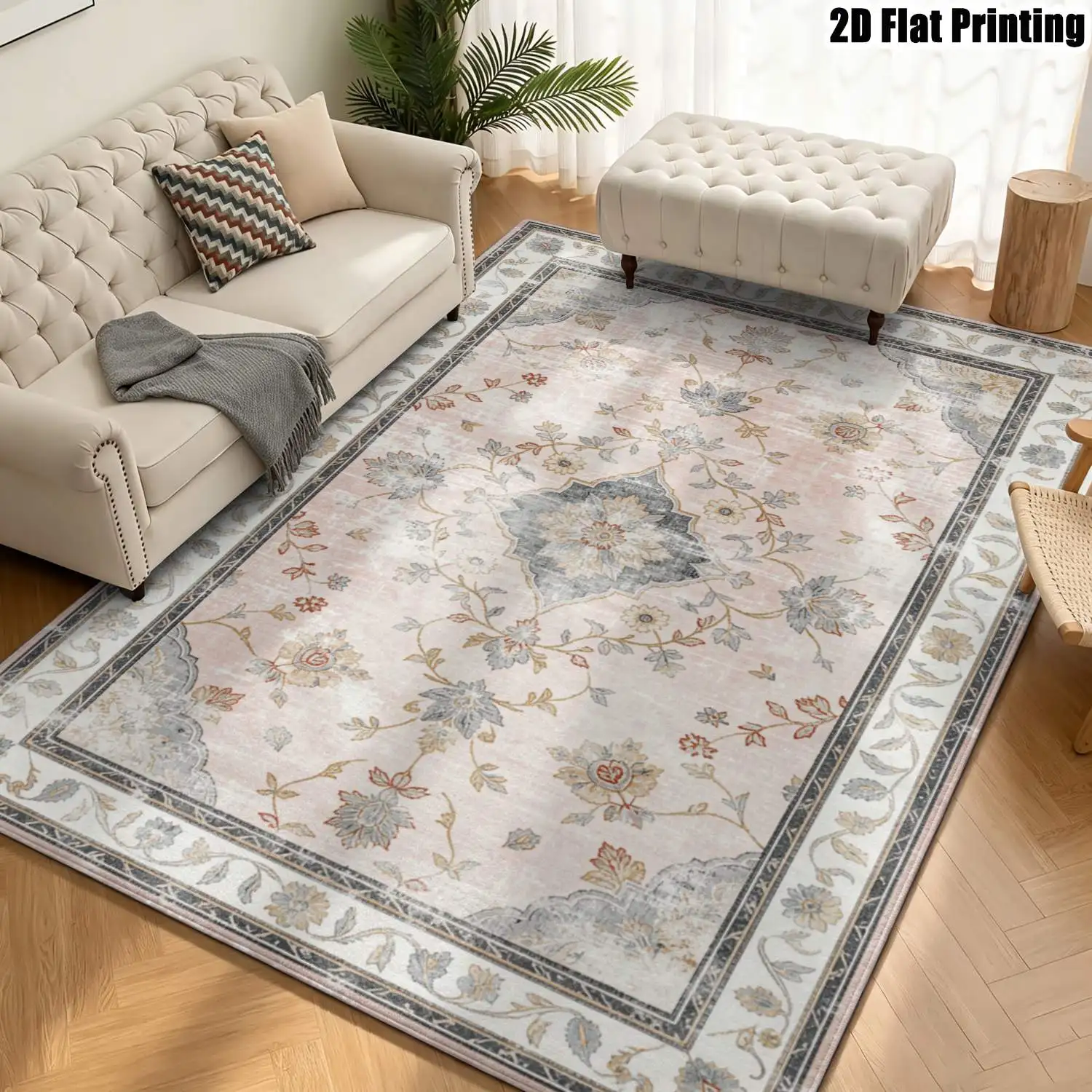 1Pc 2D Printed Pink Flower Carpet: Retro European Style, Home Decor, Multi-Size, Machine Washable, Ideal for Living Room, Bedroom, Dining Room, Entrance & Study