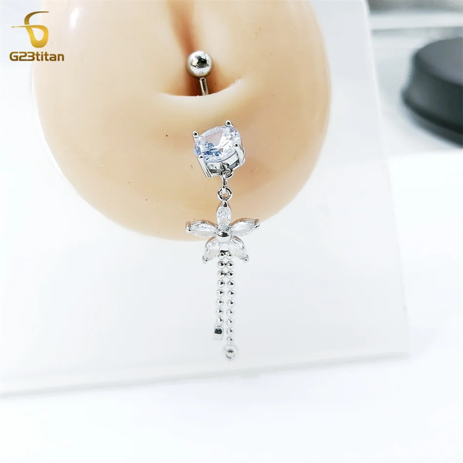 G23titan Elegant Long Chain Dangle Belly Button Ring Zircon Flower Navel Earring Allergy Free Titanium Piercing Body Jewelry