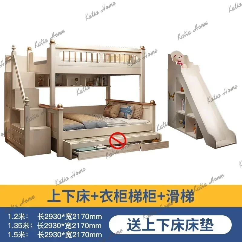 135x190cm Wood Mattress Bunk Bed With Slide Ladder King Size Frame 3 Drawers Storage Kids Loft Bed