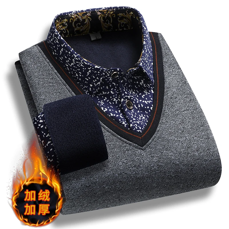 

Мужская осенне-зимняя рубашка с воротником, искусственный пуловер из двух предметов, вязаное пальто с джокером, теплый свитер внутри