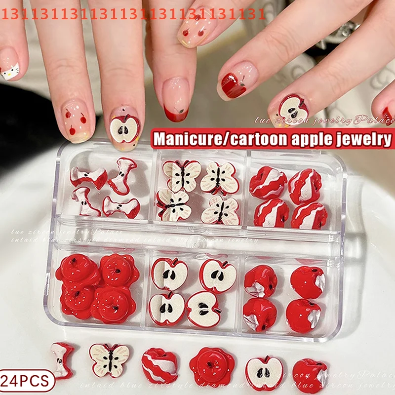 24 szt. Kreatywne ozdoby do paznokci z żywicy w kształcie czerwonych jabłek, płaskie plasterki owoców do samodzielnego zdobienia paznokci, słodkie akcesoria do manicure.