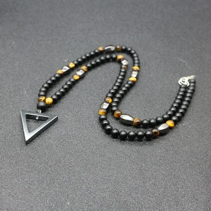 6MM Matte Black Gate Beads Necklaces Geometric Triangles Pendant for Men Long Beaded Chain Fashion Male Jewelry