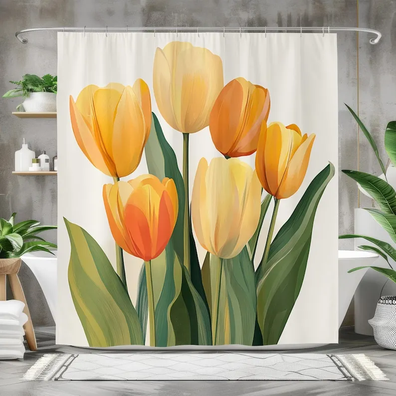 

Yellow Tulip Shower Curtain, Floral Bath Curtain, Bathroom Decor, Waterproof Fabric, Spring Flower Design, Nature Inspired