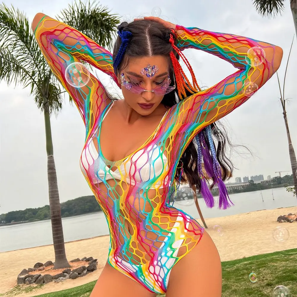Women Beach Wear Bikini Cover Ups Rainbow Hollow Out Mesh Dress Transparent Fishnet Tank Tops Swimsuit Summer Party Bodysuit