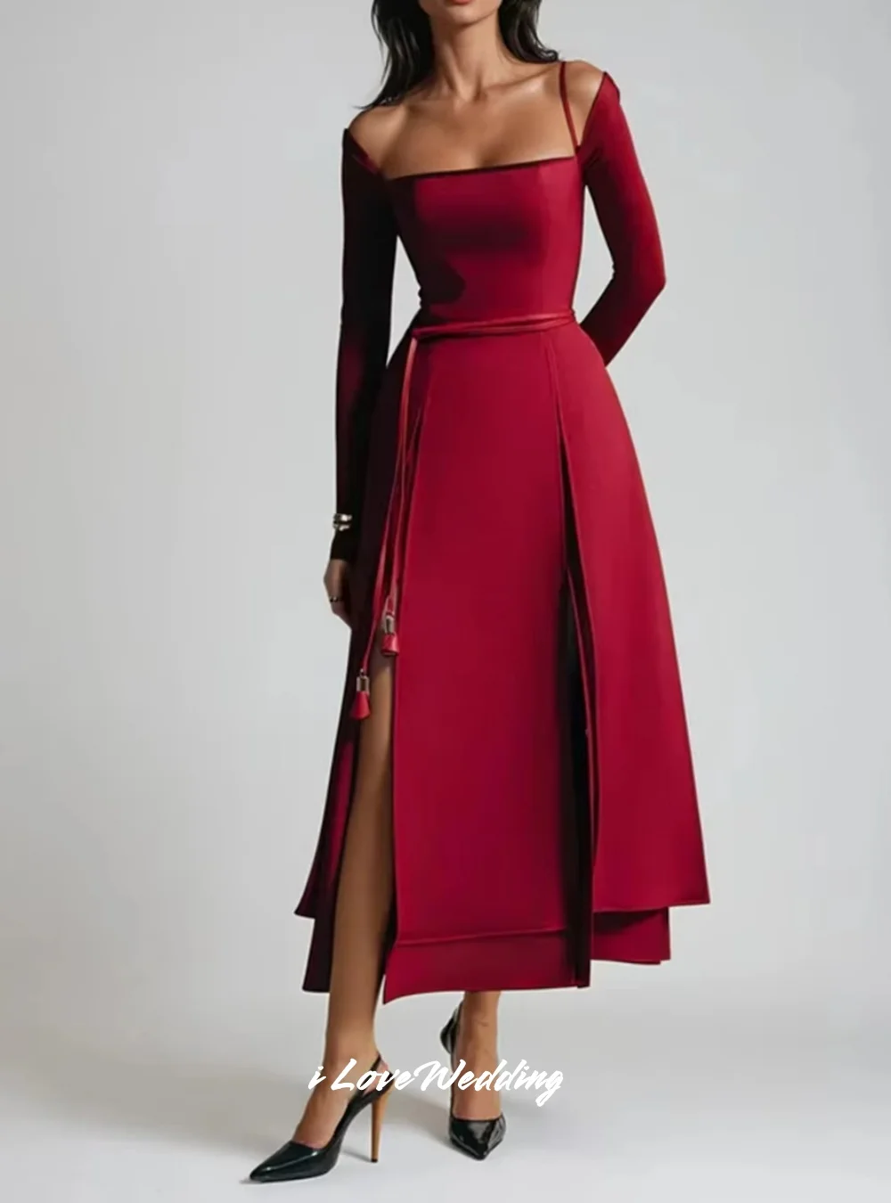 Red Square Neck Evening Dresses 2025 Long Sleeve Pleated A-line Belt Side Split Tea-length فساتين للمناسبات الخاصة  Customized