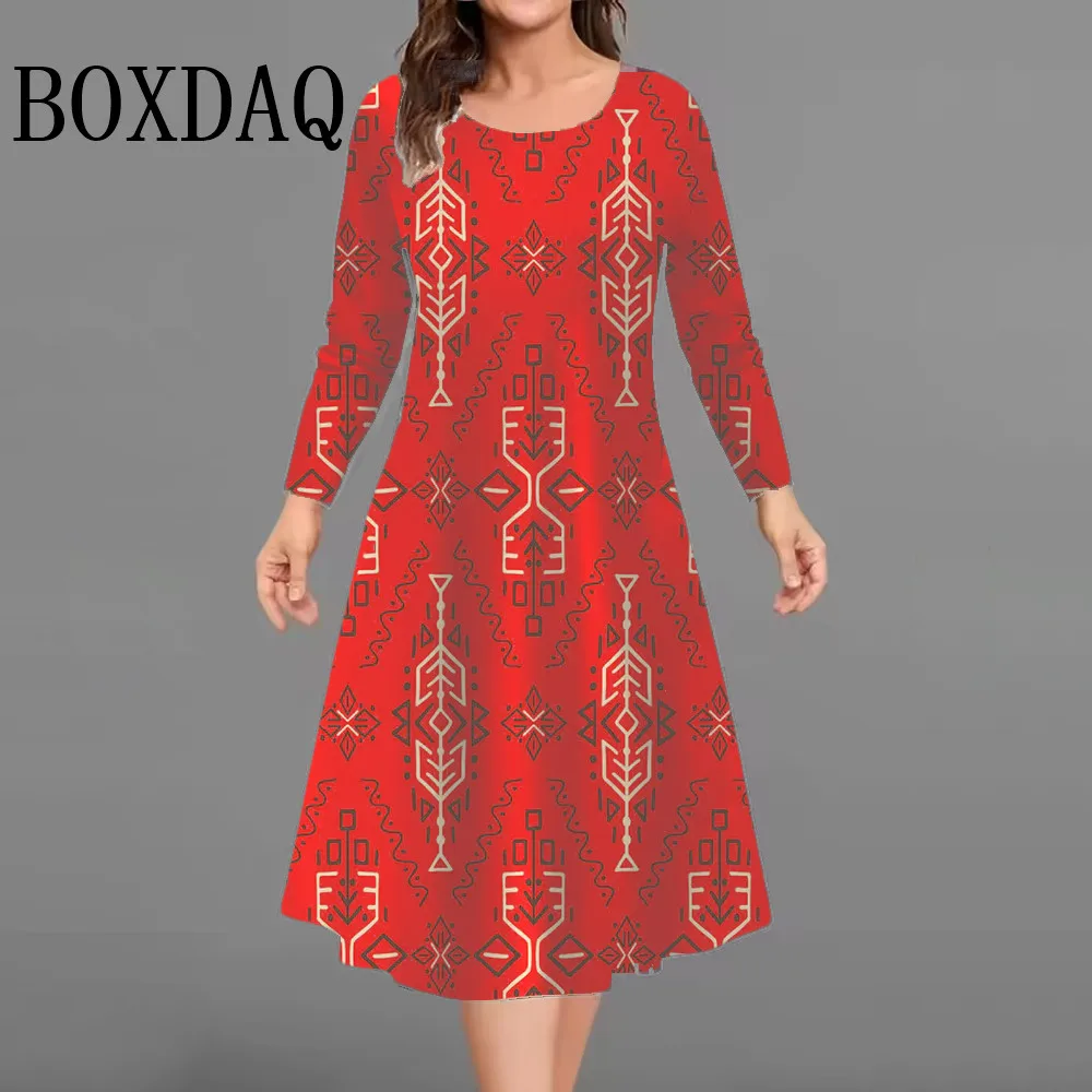 เดรสสั้นพิมพ์ลาย 3 มิติ สไตล์วินเทจ สำหรับผู้หญิง ฤดูใบไม้ร่วง ฤดูหนาว แขนยาว แฟชั่นลำลอง ไซส์ใหญ่ ทรงเอไลน์ รุ่นใหม่ ปี 2025  ไซส์ 9XL