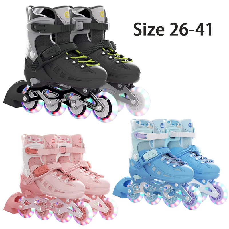 

Kids Inline Skate Shoes Adjustable Szie 26-41 Flashing 4 Wheels Roller Skates For Beginner Boys Girls Outdoor Skating Sneakers