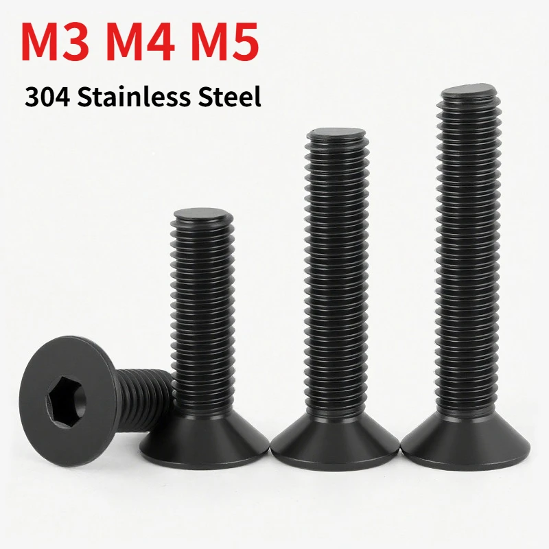 M3 M4 M5 Black 304 Stainless Steel Hex Socket Countersunk Head Screw DIN7991, A2 Flat Head Allen Bolt for Industrial Assembly