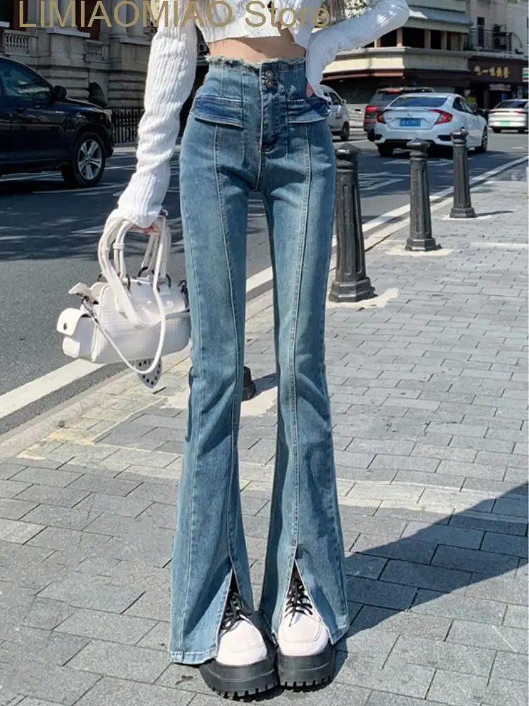 Neue winter blaue Jeans mit hoher Taille Frauen koreanischen Stil lässig schlanke Schlag hose weibliche Streetwear schicke geteilte Jeans hose