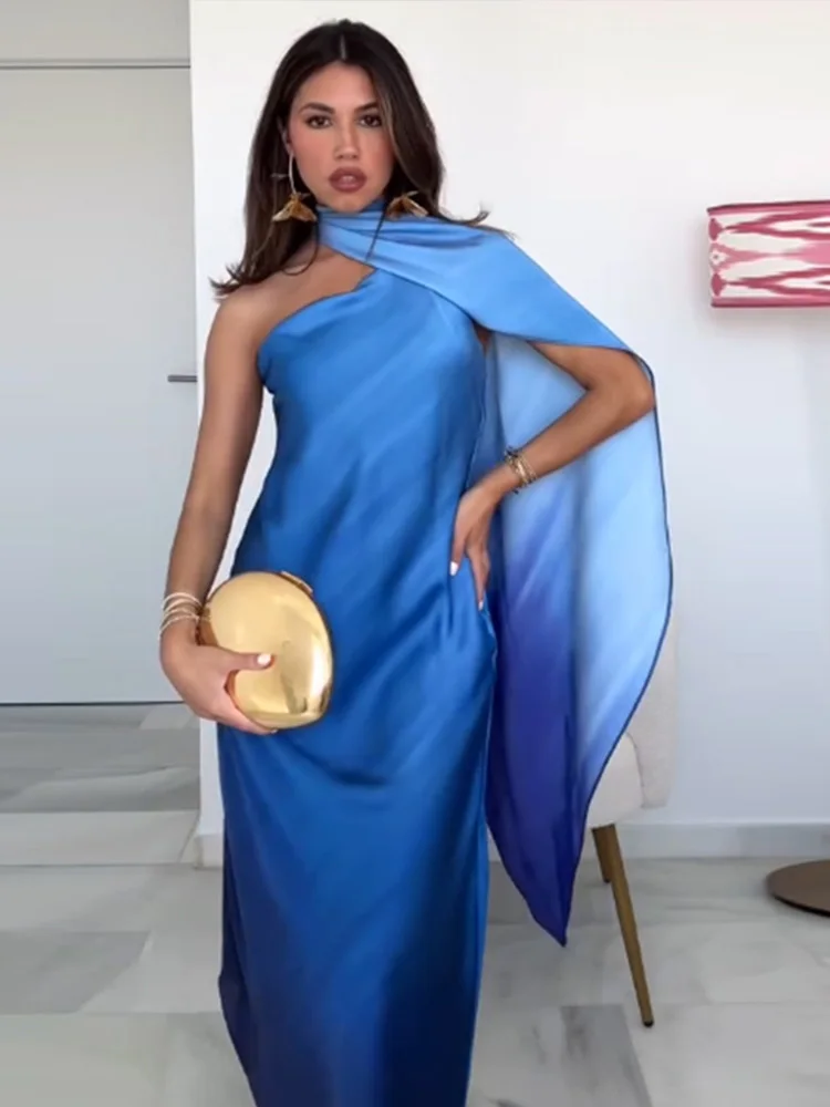 Vestidos de Noche de satén con un hombro degradado para mujer, vestido largo Sexy con cuello Halter y espalda descubierta, bata de fiesta para Club de cumpleaños 2025