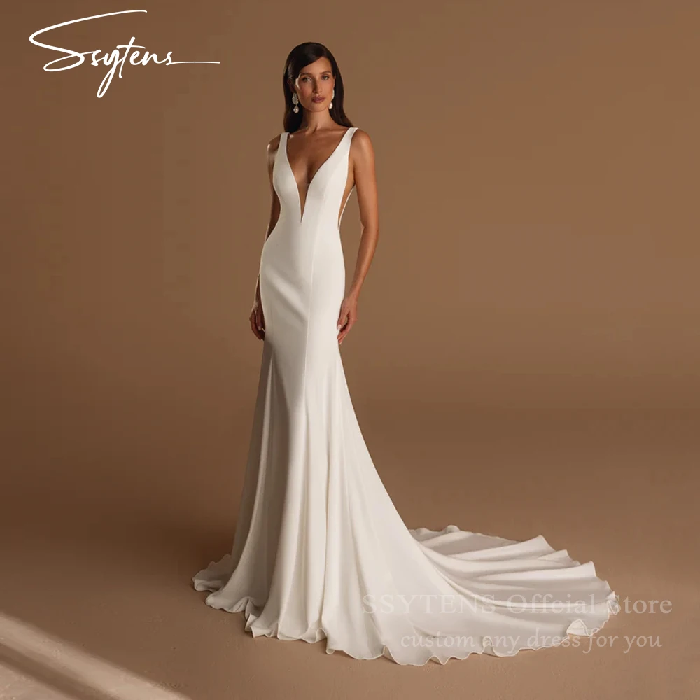 

SSYTENS Sexy Mermaid Wedding Dress V-Neck Open Back Wedding Gown Simple Long Train Beach Bridal Dress Customized Robe De Mariee