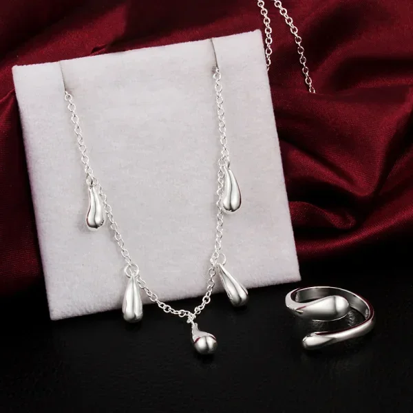 

Charm Woman Party Wedding Jewelry Sets 925 Sterling Silver Water Drop Rings Necklace Set Classic Fashion Lady Christmas Gifts