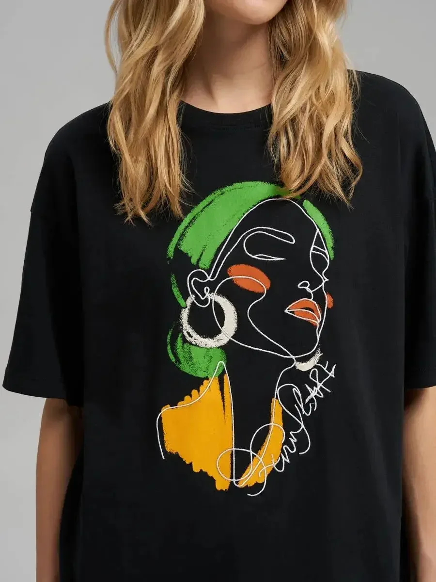 Abstract Line Art Woman Face Print Oversized T-Shirt Artistic Cotton Tee Art & Exhibition Style Streetwear Fashion Women Summer