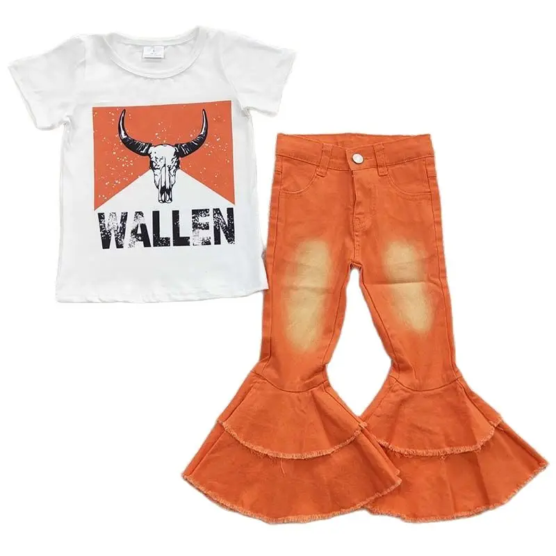 Wholesale Baby Girl Western Jeans Set Children Toddler Short Sleeves Cow Shirt Orange Denim Bell Pants Kid Infant Music Outfit