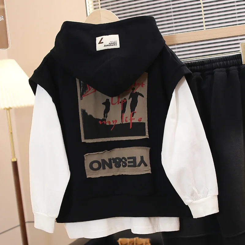 Boys' Hoodie Hooded Vest Set Spring and Autumn 2024 New Item Children's Pure Cotton Long Sleeved Boys' Fashionable Top Trend