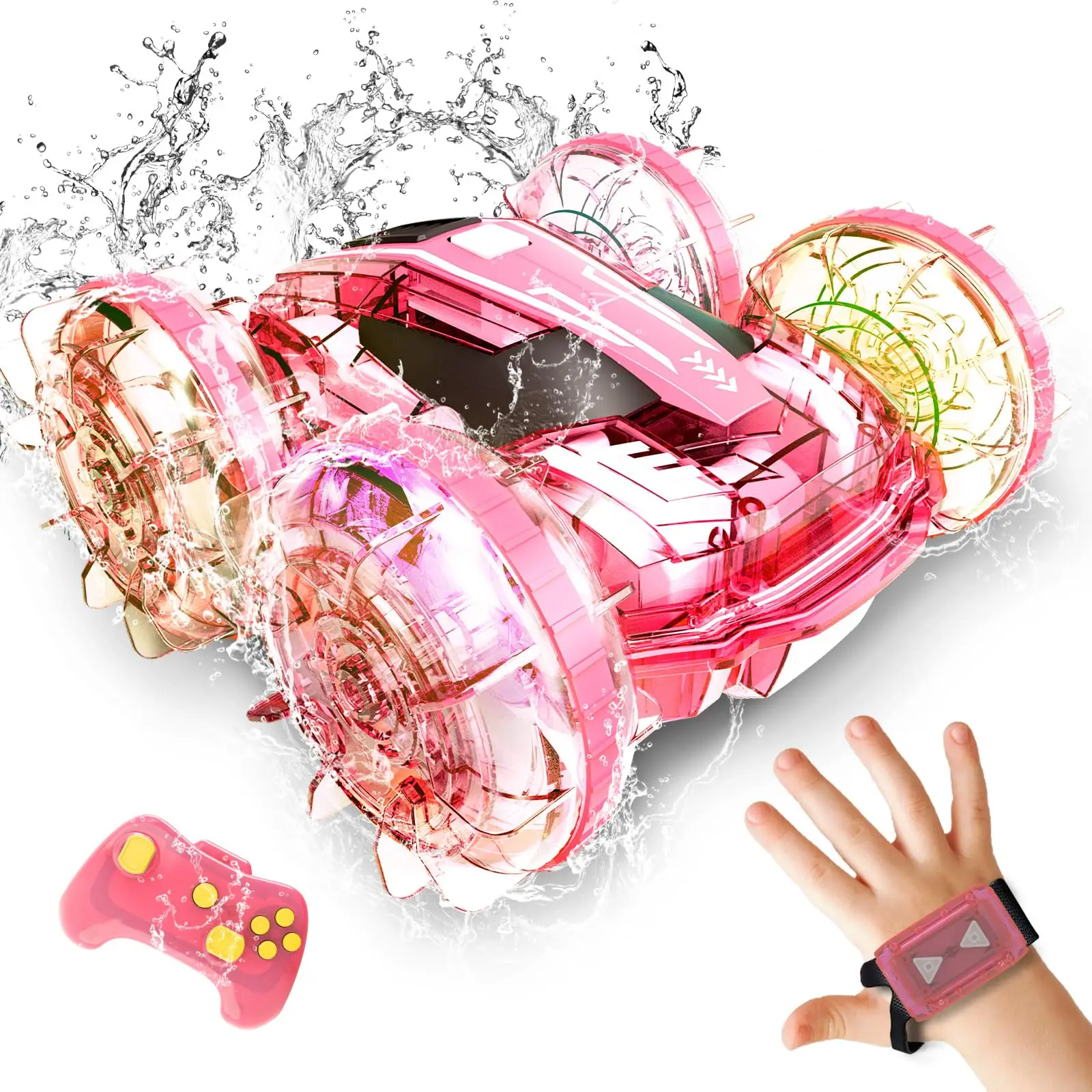 Amphibious Remote Control Car Boat for Kids, 4WD 2.4GHz Waterproof Gesture RC Stunt Cars with LED Lights, Pink Water Pool Toys