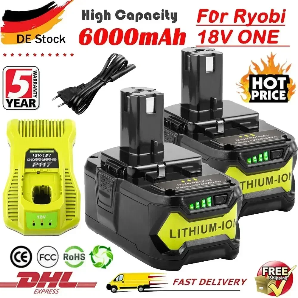 FOR Ryobi 18V battery RB18L50 6.0Ah lithium battery suitable for RB18L25 RB18L15 P108 P102 P103 rechargeable battery with LED