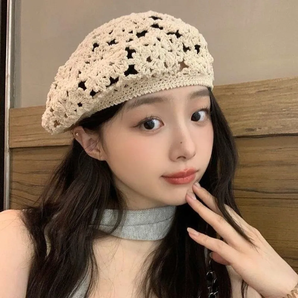 

Brimless Breathable Flower Hat Thin Japanese Style Hollowed Out Beret Headgear All-match Crochet Knitted Cap Women