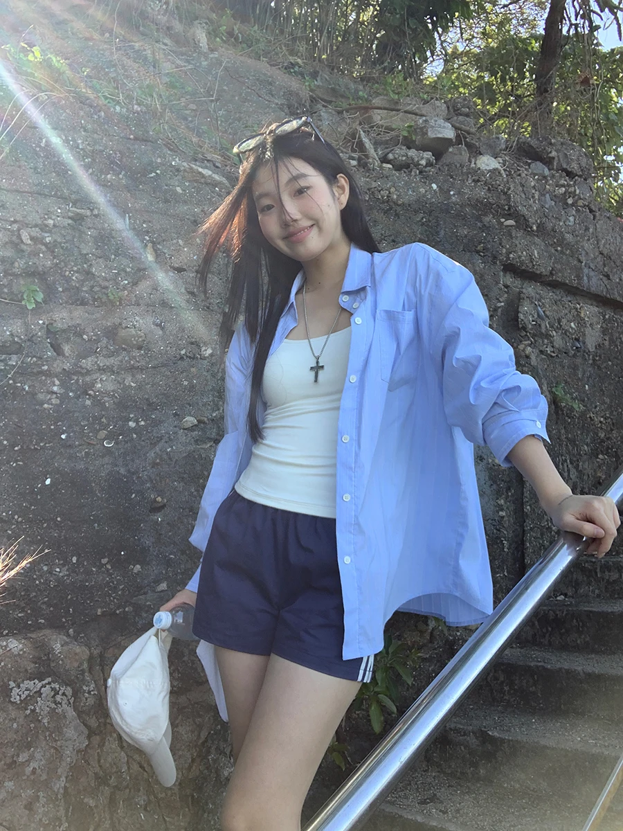 

Blue Striped Long Sve irt for Women Autumn 2025 New Sle Casual Commute Faion Loose Fit Cotton Blend Collar