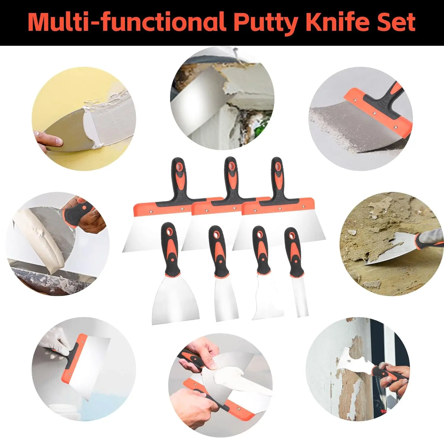 Drywall Knife Set, 10 Pcs Stainless Steel Hand Tool Kit Includes Putty knife, Taping knife, Painter Scraper Tool & Mud Pan