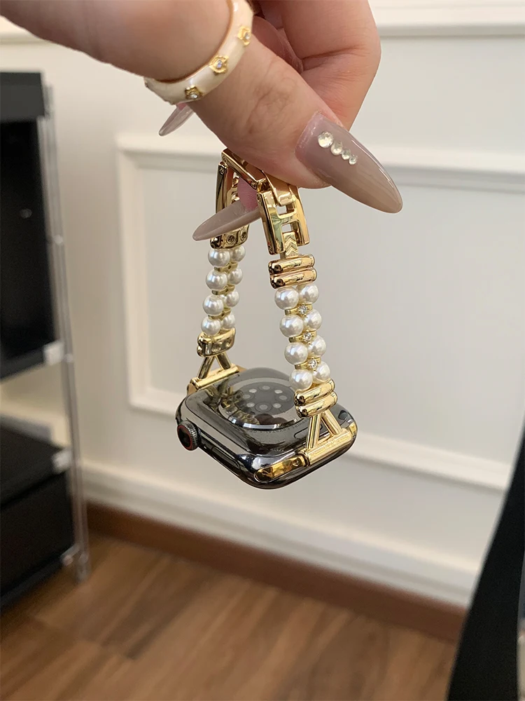 Роскошный жемчужный ремешок для iWatch Ultra 10 9 8 7 6 5 4 Глянцевый металлический браслет-ремешок для Apple Watch 40 мм 41 42 мм 44 мм 45 мм 46 мм 49 мм