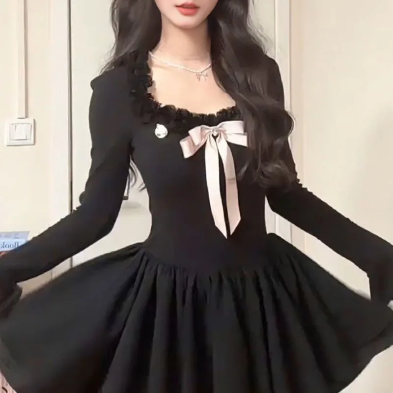 

Midi Dresses Bow Dresses Patchwork Y2K Small Fragrant Style Sloping Shoulder Dress Layered Interior A-line Small Black Dress New