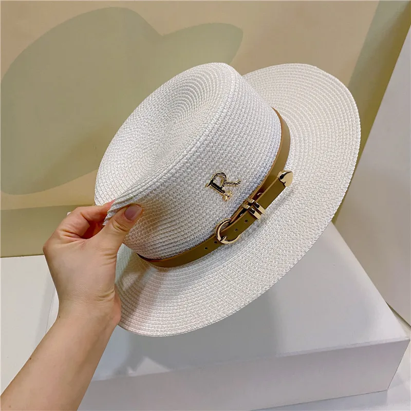 Summer Women\'s Flat Top Hat Casual Vacation Travel Beach Retro Bucket Hats for Women Letter R Sun Protection Straw Cap