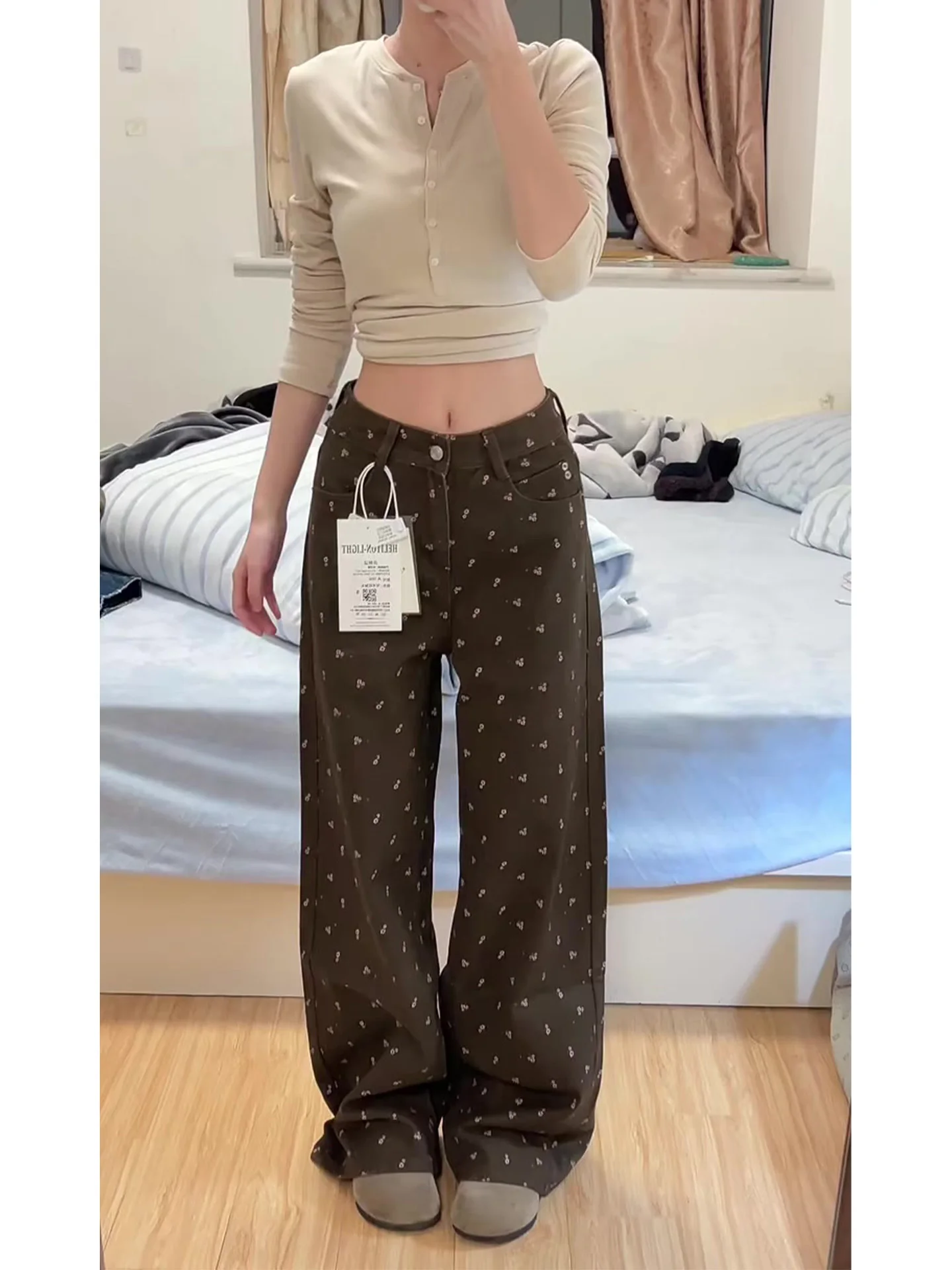 

Retro High Street Floral Denim Jeans Women Summer New Cocoa Brown Slim High Waist Super Beautiful Floor-Length Wide Leg