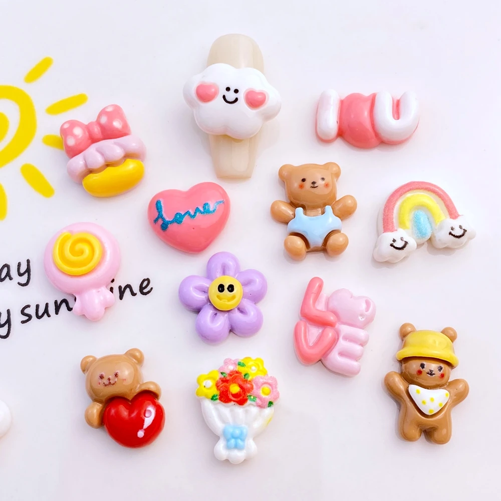 20Pcs New Cute Resin  Mini Rainbow, Bear, Cloud, Flower Series Flat Back Ornament Jewelry Making Bows Accessories