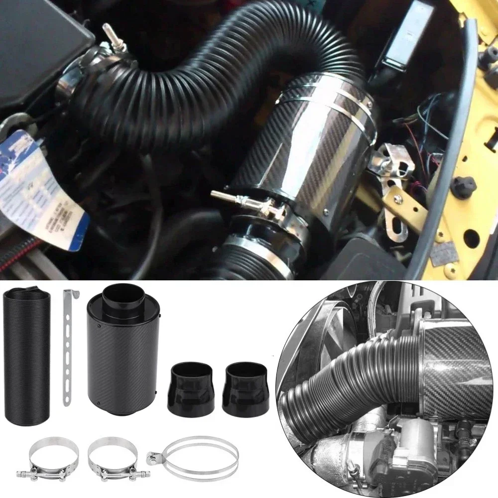 1 Set Universal Carbon Fibre Air Intake Filter 76mm 3 Inch Car Cold Feed Enclosed Intake Induction Pipe Hose Kit Air Filter Box