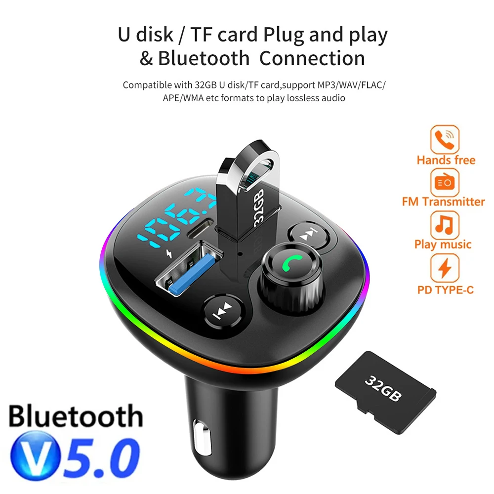 Cargador rápido USB Dual Bluetooth para coche, transmisor FM PD, adaptador de coche tipo C, modulador de Radio manos libres, reproductor MP3, compatible con tarjeta TF