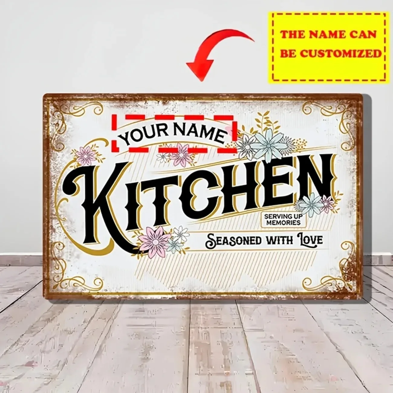 Personalized Vintage Floral Metal Sign 30×20cm, Custom Kitchen Home Wall Decor (Decoration Only)