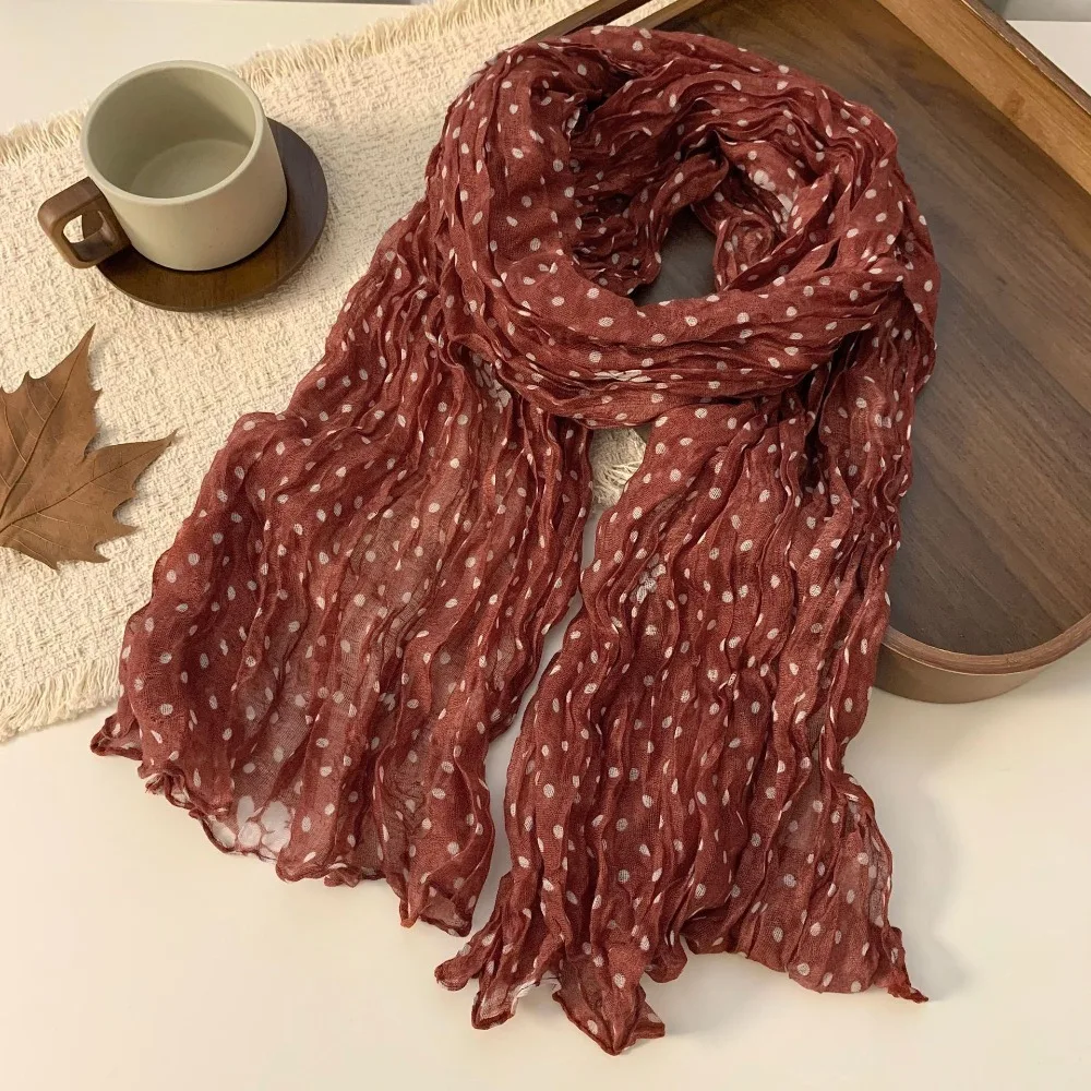 Korean-style Floral Print Cotton Linen Scarf Wrinkle Versatile Wear Twisted Scarf Frill Trim Female Headscarf Women