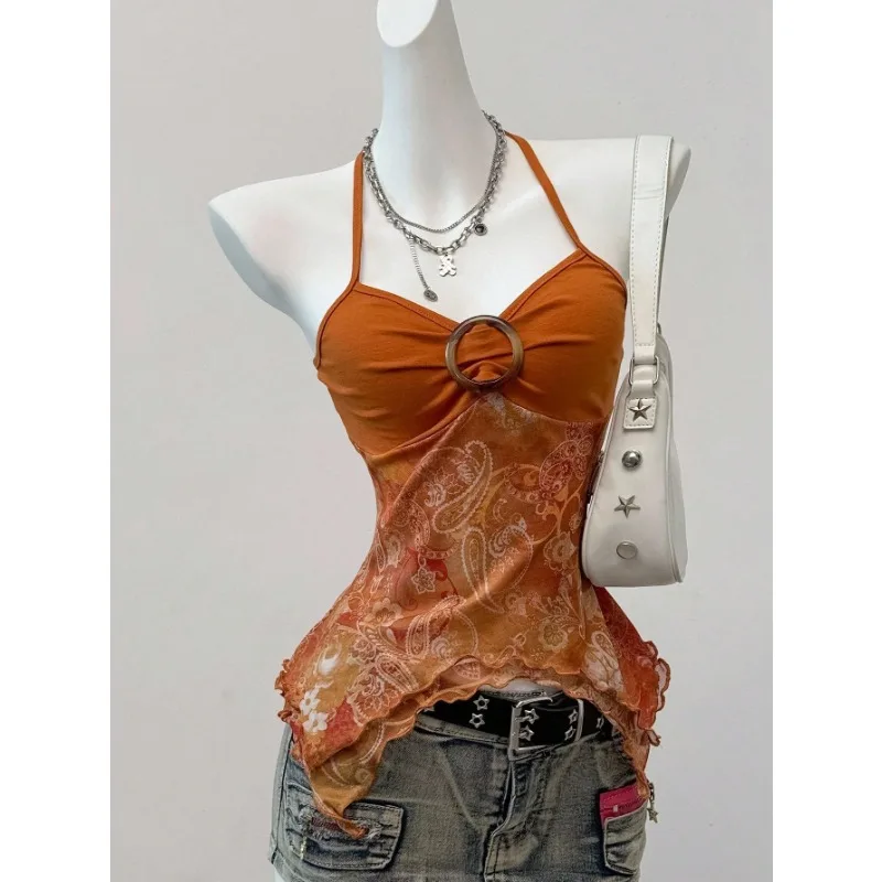Summer Retro 2026 New Sexy Off-the-shoulder Neck Sling Vest Women's Sleeveless Printed Mesh Stitching Slim Top Holidays Popular