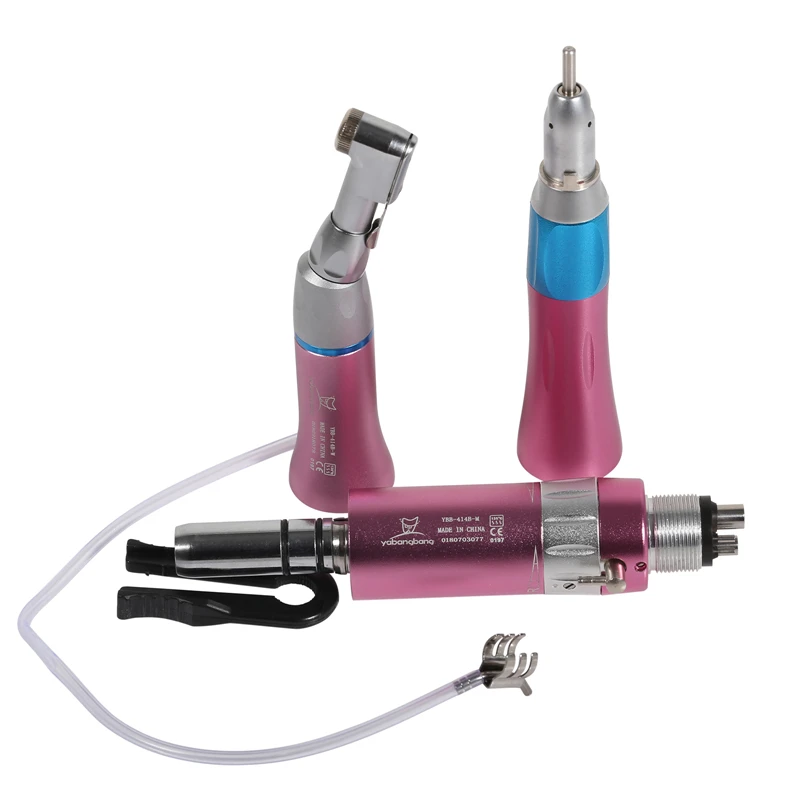 den tal Low Speed Handpiece Kit Contra Angle Straight Nosecone Air Motor 4-Hole Turbine E-type Pink