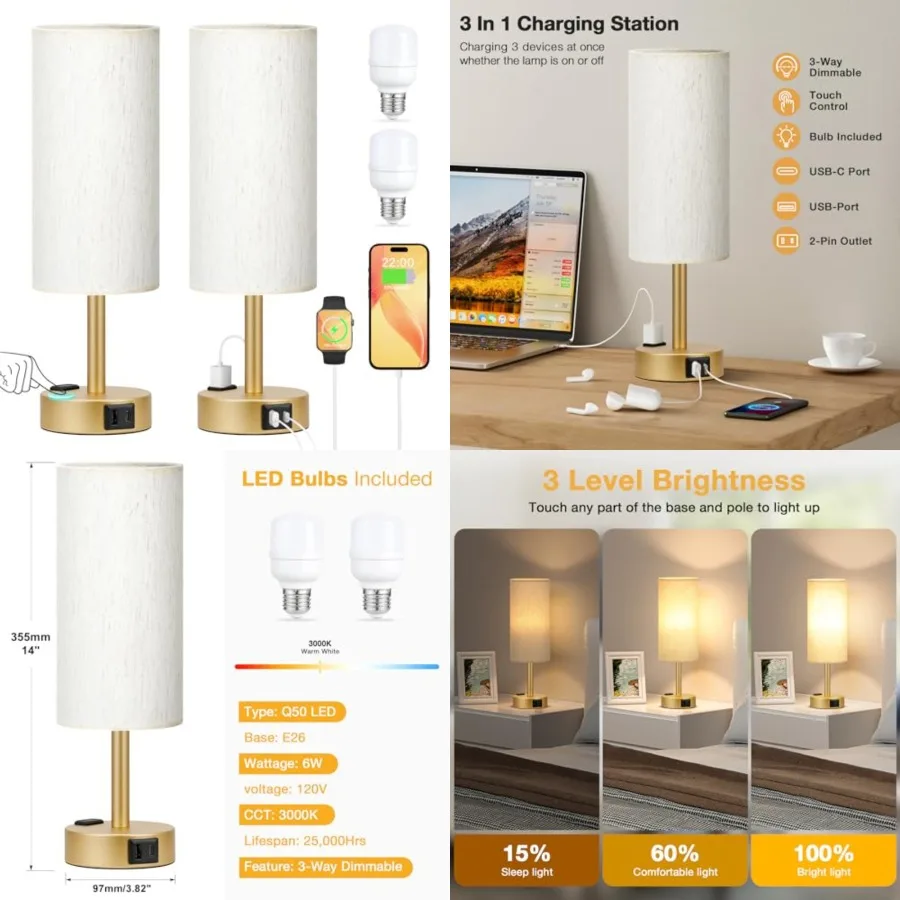 

Gold Touch Table Lamps Set - 3 Way Dimmable Bedroom Lamps with USB C and A Ports, Small Lamps for Nightstand with AC Outlet, Ro