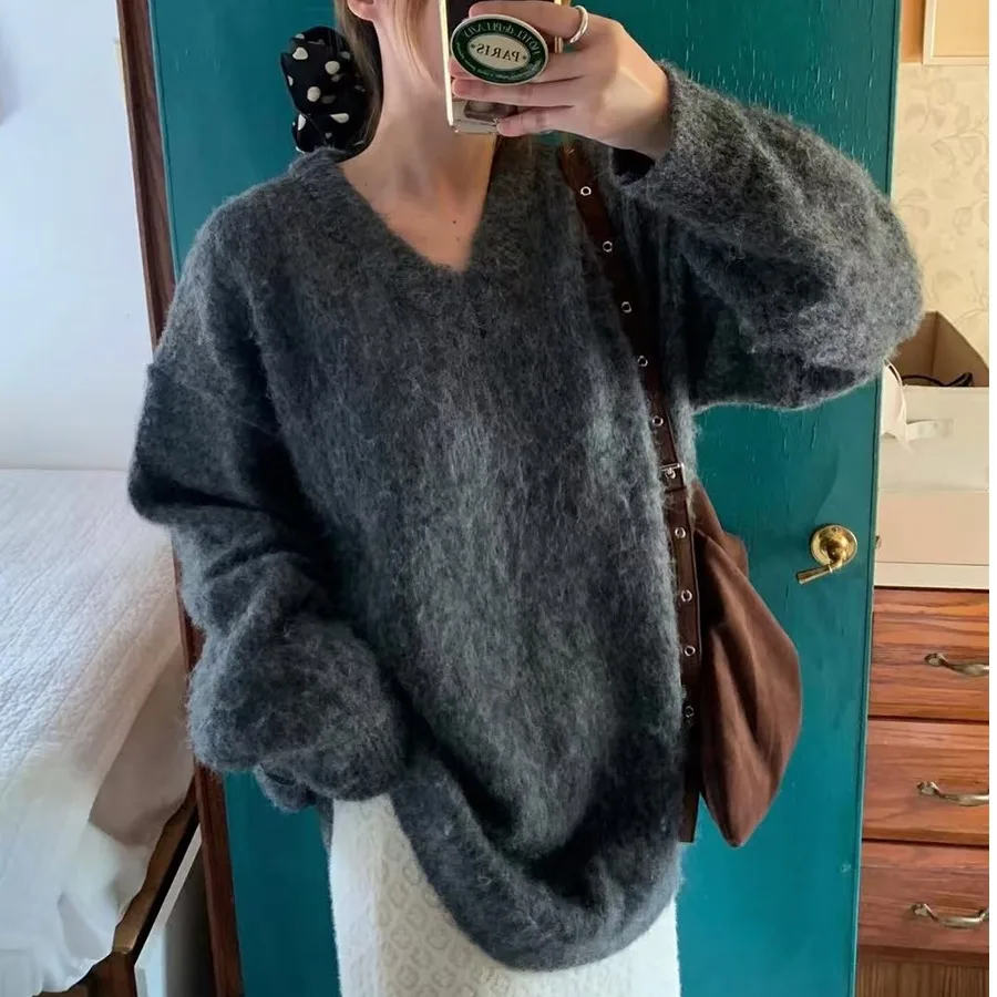 

Свободный женский трикотаж V-Ne, мягкий универсальный шикарный свитер средней длины в стиле ретро, корейский длинный топ све для поездок на работу