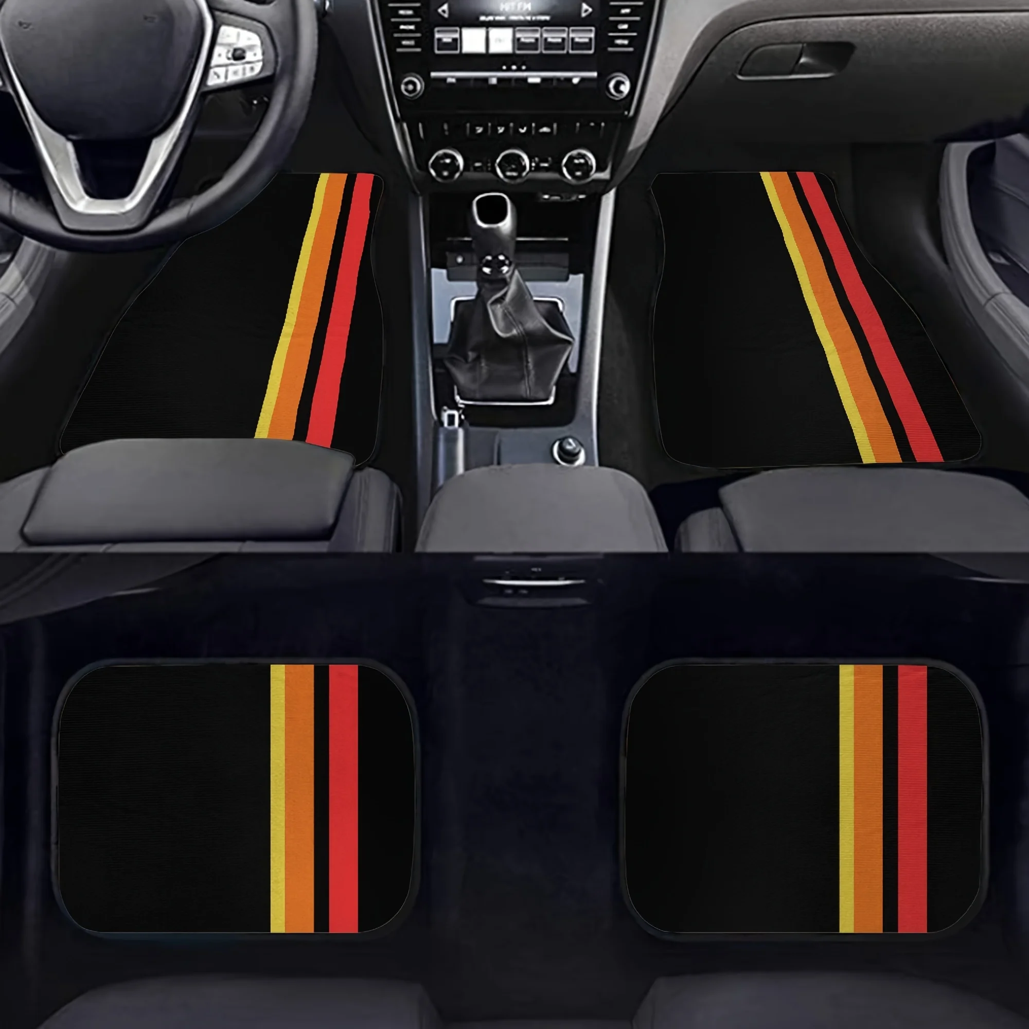 4pcs Car Floor Mats, Yellow And Red Stripe Print, Non-Slip, Crystal Velvet Vehicles Floor Mats Suitable For Four Seasons- Car In