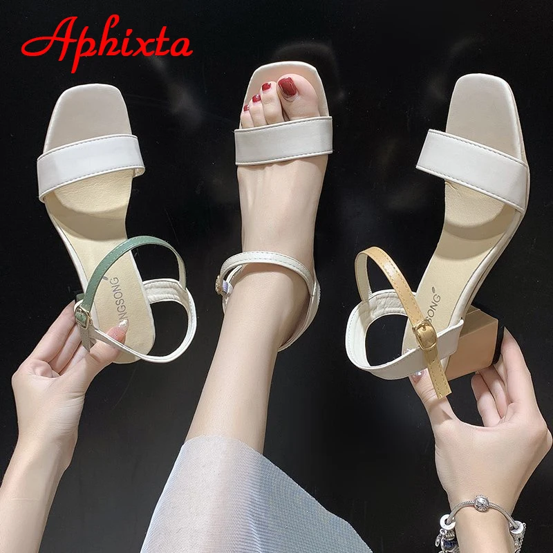 Aphixta 5.5cm Square Heels Summer Simple Women Sandals Slides Cool Ankle Strap Slides Sandals Plus Size 45 46