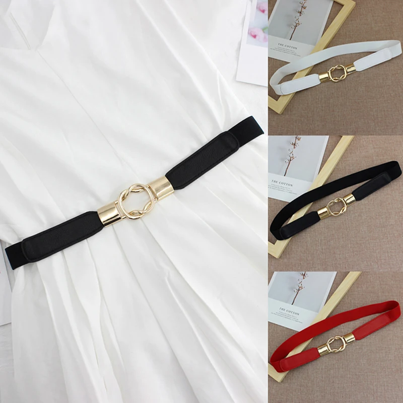 

Elastic Belts Women Dress Belt Fashion Thin Female Waist Belt With Metal Buckle