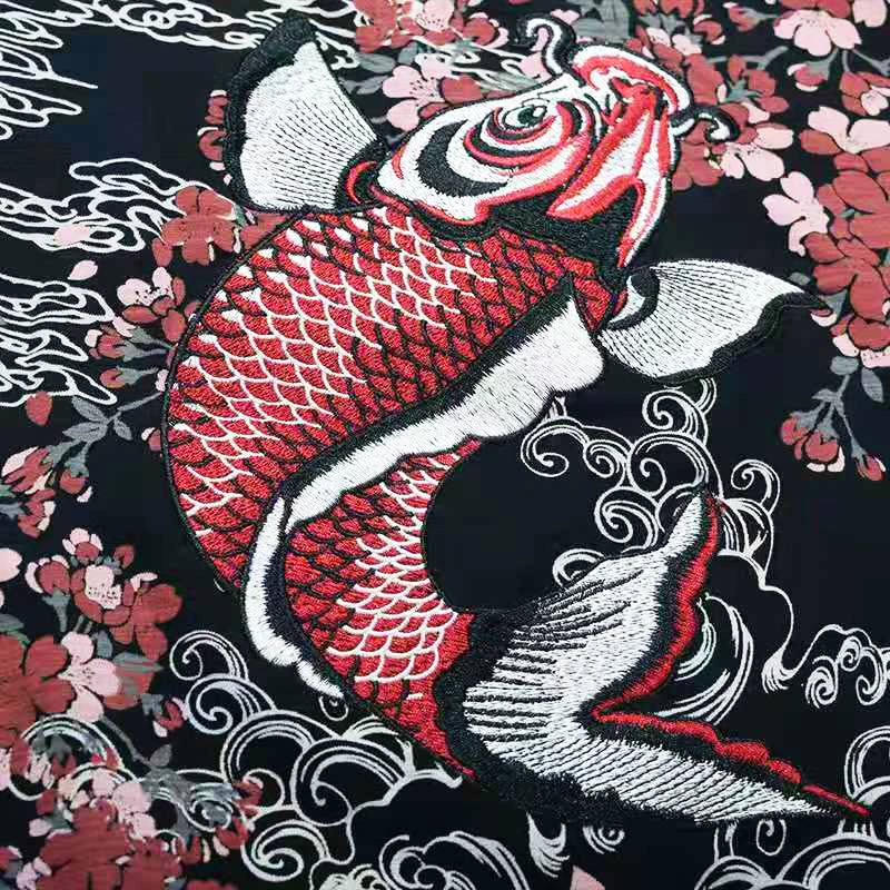 Lyprerazy Japanese Harajuku Ukiyoe Vintage Embroidered T-shirt Men Short-sleeved Chinese Style Carp Fish Embroidery T Shirt