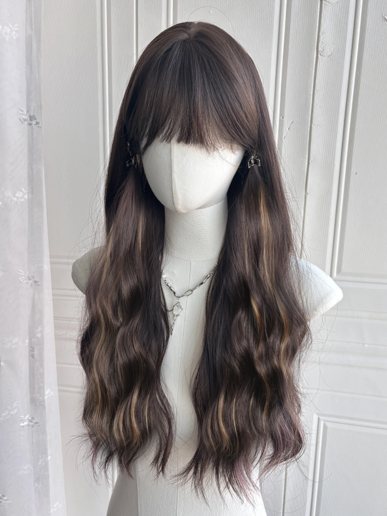 OLACARE Synthetic Long Wave Black Ombre Cosplay Wigs Heat Resistant Synthetic Wigs Bangs Natural Lolita Wigs For Women Halloween