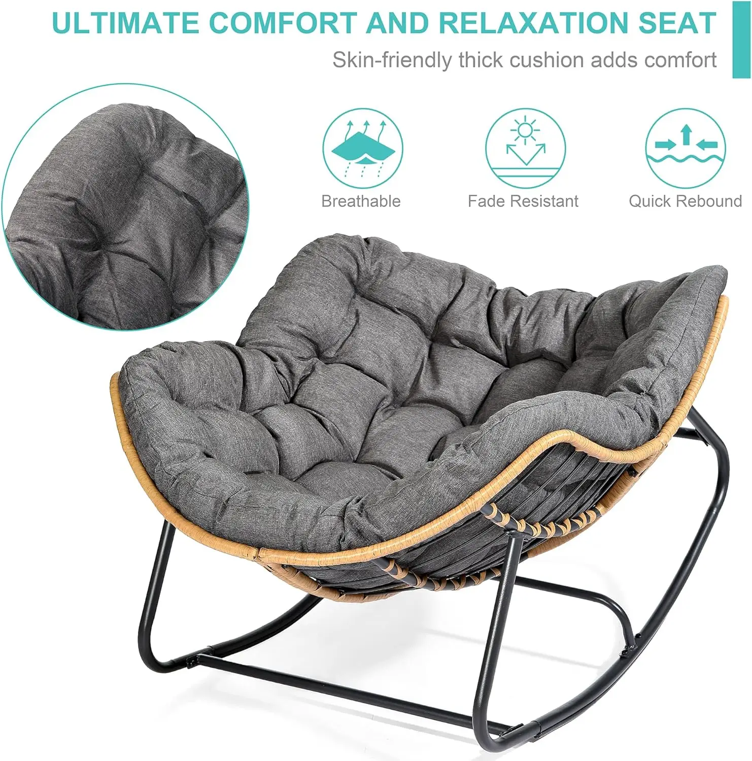 Outdoor Rocking Chair, Patio Egg Rocking Chair, Indoor Papasan Chair,Rattan Wicker Lounge Chair, Modern Royal Chair for Bedroom