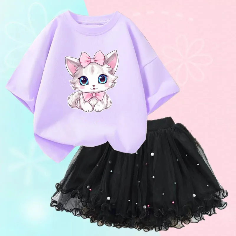 Sommer kleine Mädchen Kleidung niedlichen Katze T-Shirt & Mesh Tutu Rock zweiteilig Set Mode koreanische Kinder Kleidung Outfits 3-14 Jahre