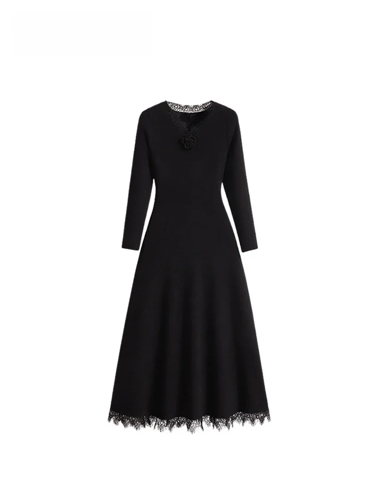 Abito Midi da Donna a Vita Alta, Taglie Forti, a Maniche Lunghe, Stile A-Line, Elegante per l'Autunno Inverno, Ideale per il Lavoro e il Tempo Libero