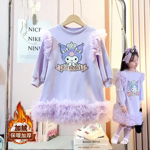 산리오 소녀 벨벳 맨투맨 원피스, 가을 겨울 카와이 만화, 따뜻한 어린이 겨울 스커트, 라운드 넥 긴 소매 