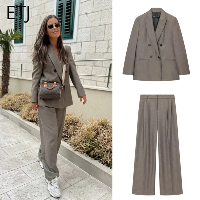 

ETJ-22023, осенний новый женский двубортный повседневный костюм с длинными рукавами, подкладкой на плечах и брюки одного цвета
