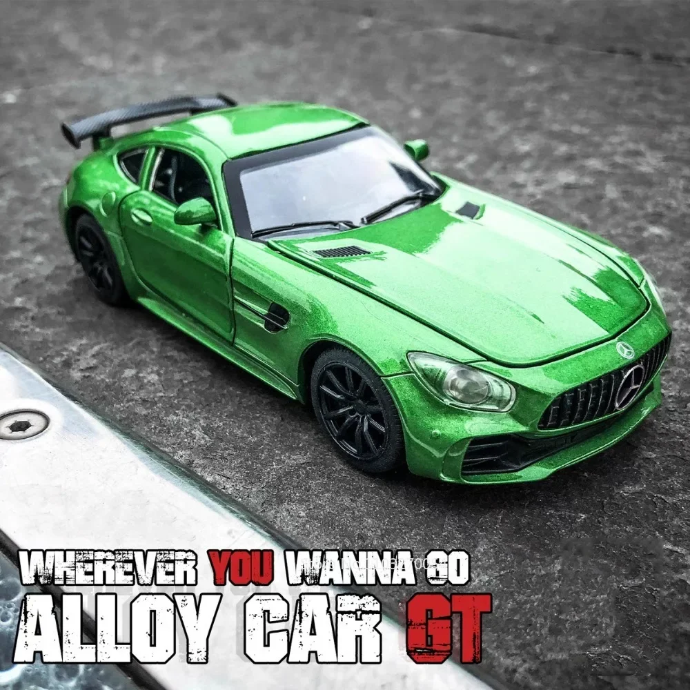 1:24 AMG GTR Car Model Toys Diecast Alloy Spray Sports Car 4 Doors Opened Sound Light Pull Back Rubber Tire Vehicle for Boy Gift